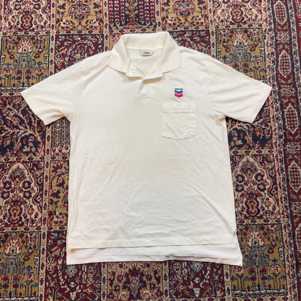 Vintage Cintas Mens Large White Chevron Logo‎ Pocket Polo Shirt Made USA